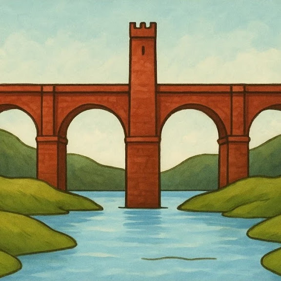 Sweetwater bridge spanning calm water between green hills